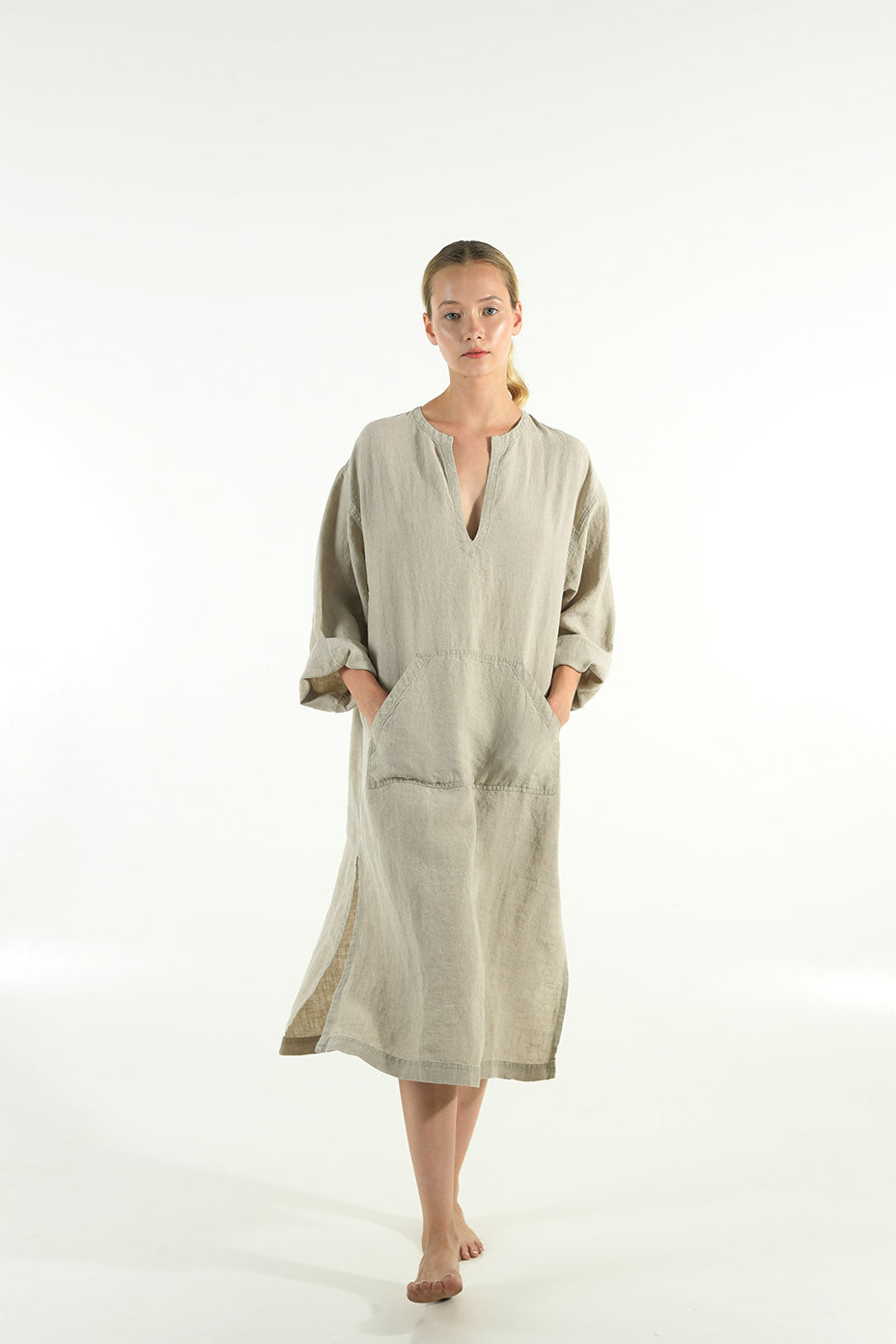 linen midi dress with sleeves