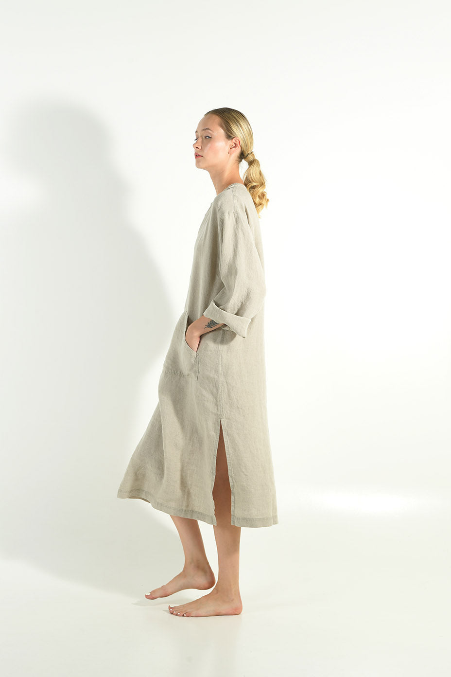 linen midi dress with sleeves