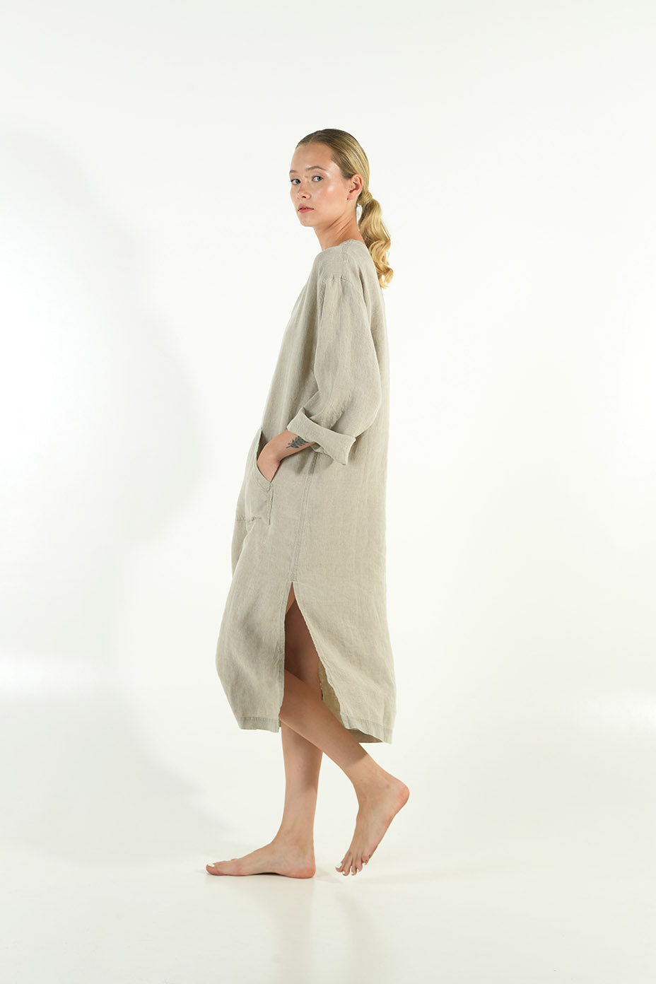 linen midi dress with sleeves