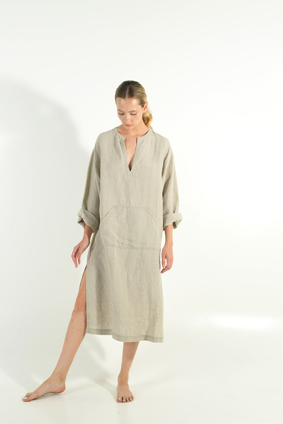 linen midi dress with sleeves