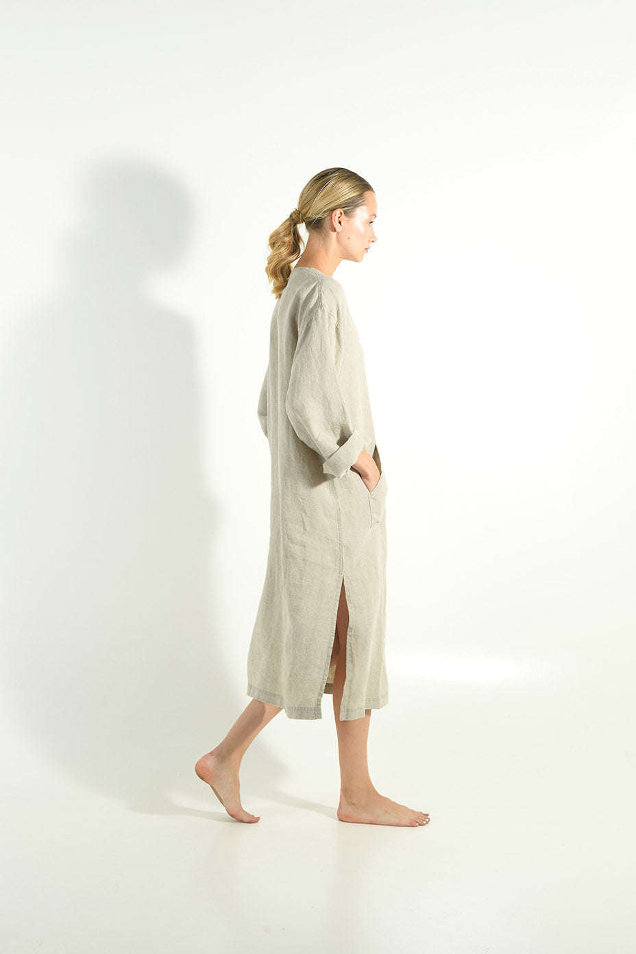 linen midi dress with sleeves
